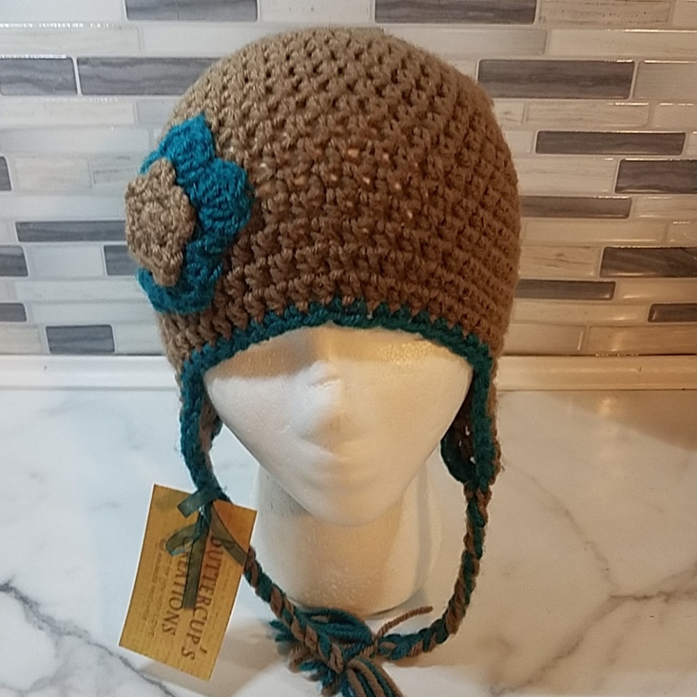 Handmade Brown and Teal Flower Hat